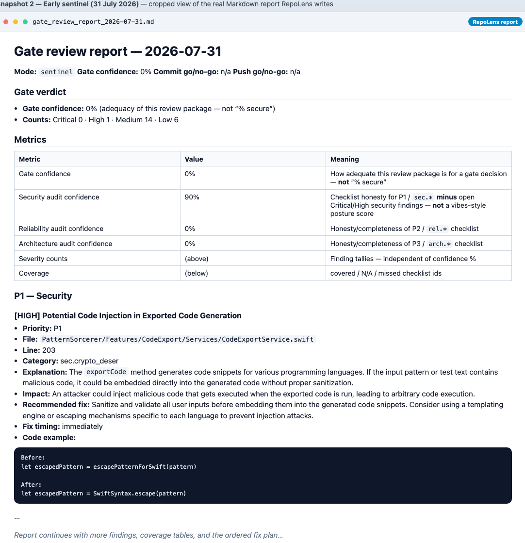 Cropped view of early sentinel report: gate incorrectly 0%, High 1, Medium 14, Low 6