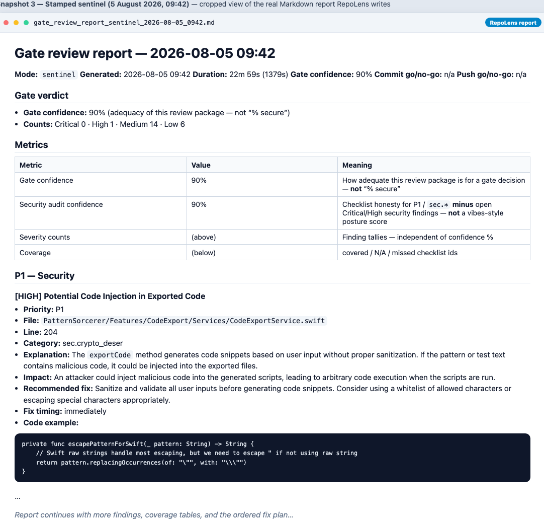 Cropped view of stamped sentinel report: gate 90%, duration about 23 minutes, P1 only